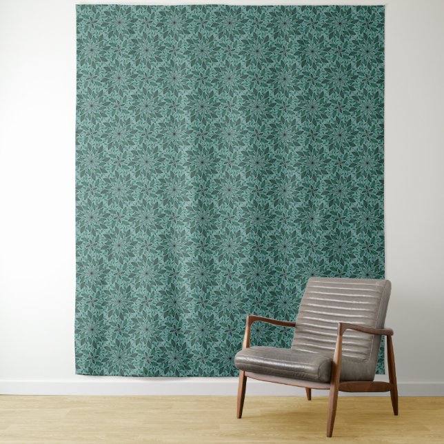 Elegant Teal Floral Pattern with Leaf Mandala  Tapestry (In Situ)