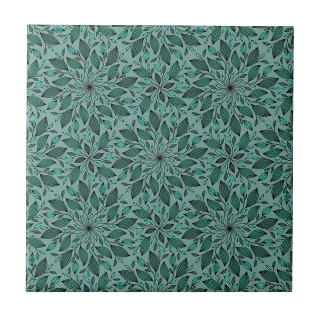 Elegant Teal Floral Pattern with Leaf Mandala  Tile (Front)