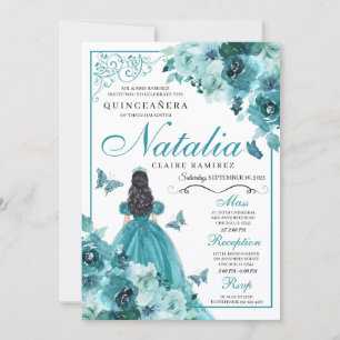 Elegant Teal Floral Quinceanera Birthday Invitation