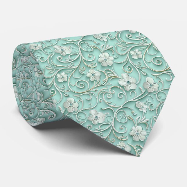 Elegant teal floral tiled pattern  tie (Rolled)