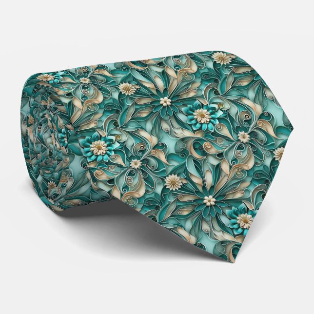 Elegant teal floral tiled pattern tie (Rolled)