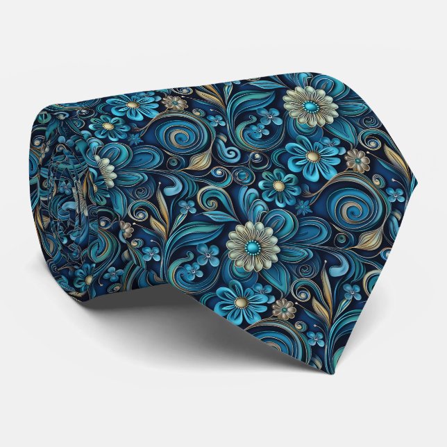 Elegant teal floral tiled pattern  tie (Rolled)
