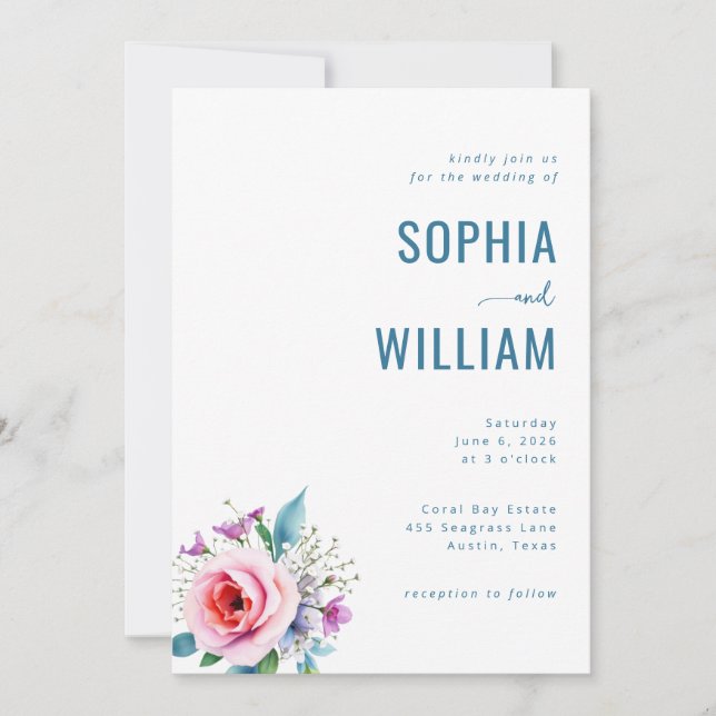 Elegant Teal Floral Wedding Invitation (Front)