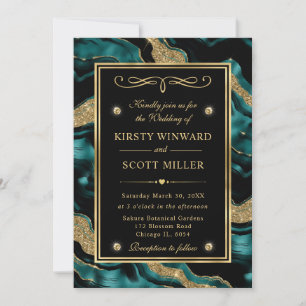 Elegant Teal Foil and Gold Glitter Agate Wedding Invitation