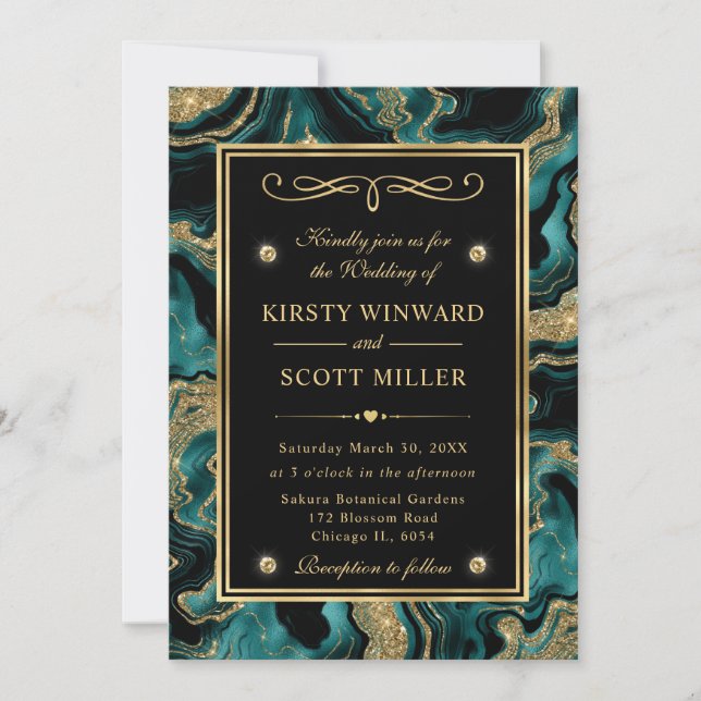 Elegant Teal Foil and Gold Glitter Agate Wedding Invitation (Front)