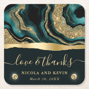 Elegant Teal Foil and Gold Glitter Agate Wedding Square Paper Coaster