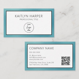 Elegant Teal Foil Edged Logo QR Code Business Card