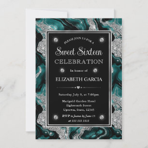 Elegant teal Foil & Silver Glitter Agate Sweet 16 Invitation