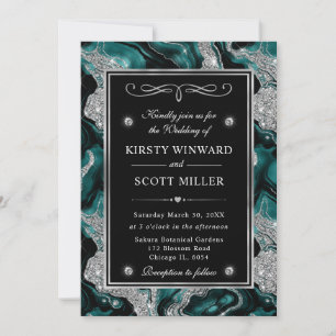 Elegant Teal Foil & Silver Glitter Agate Wedding Invitation