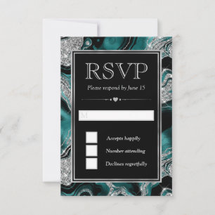 Elegant Teal Foil & Silver Glitter Agate Wedding RSVP Card