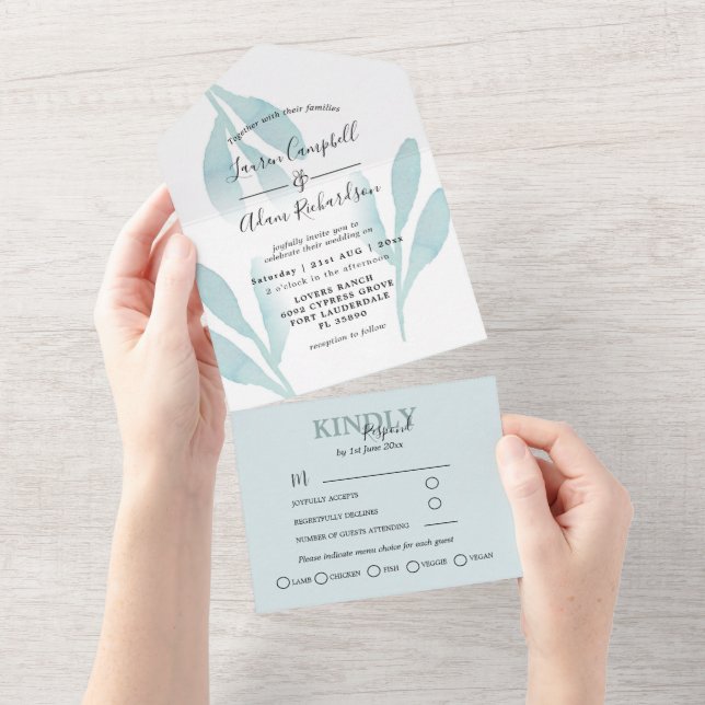 Elegant Teal Foliage Watercolor Wedding All In One Invitation (Tearaway)