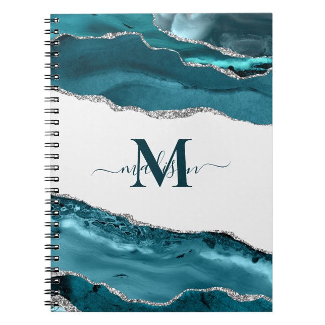 Elegant Teal Geode Agate Monogrammed Gold Glitter  Notebook (Front)