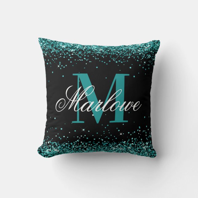 Elegant Teal Glitter Black Monogram Throw Pillow (Front)