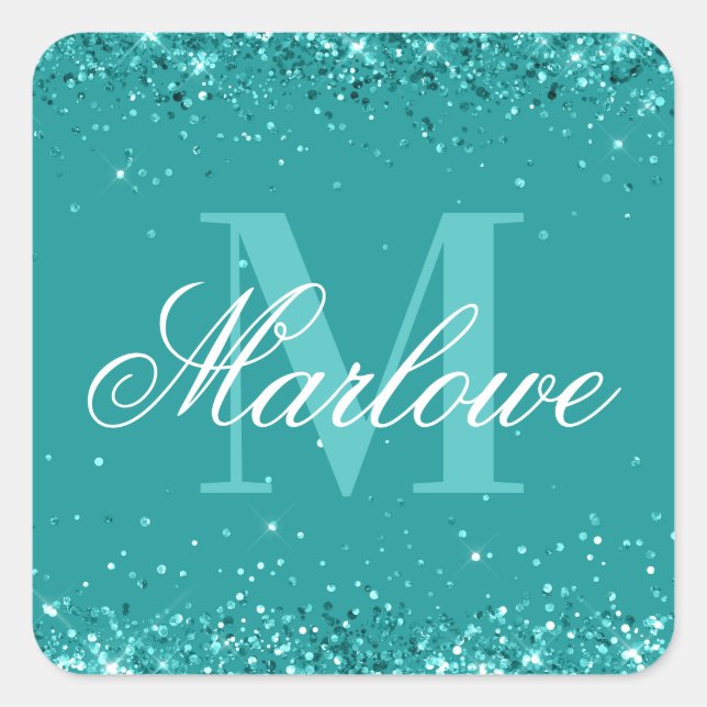 Elegant Teal Glitter Blue Green Monogram Square Sticker (Front)