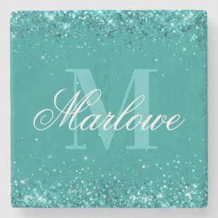 Elegant Teal Glitter Blue Green Monogram Stone Coaster