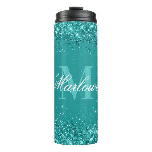 Elegant Teal Glitter Blue Green Monogram Thermal Tumbler