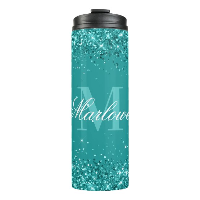 Elegant Teal Glitter Blue Green Monogram Thermal Tumbler (Front)