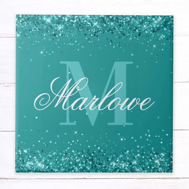 Elegant Teal Glitter Blue Green Monogram Tile (Creator Uploaded)