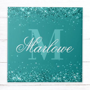Elegant Teal Glitter Blue Green Monogram Tile