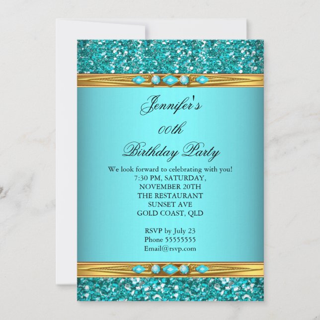 Elegant Teal Glitter Gold Diamond Birthday Party 2 Invitation (Front)