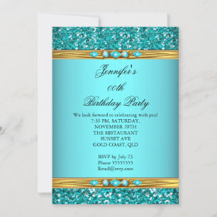 Elegant Teal Glitter Gold Diamond Birthday Party 2 Invitation