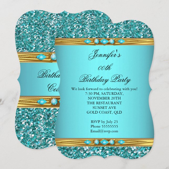 Elegant Teal Glitter Gold Diamond Birthday Party 2 Invitation (Front/Back)