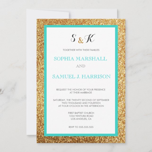 Elegant Teal Glitter Gold Wedding Invitation (Front)