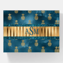 Elegant Teal Glitter Metallic Pineapples Monogram