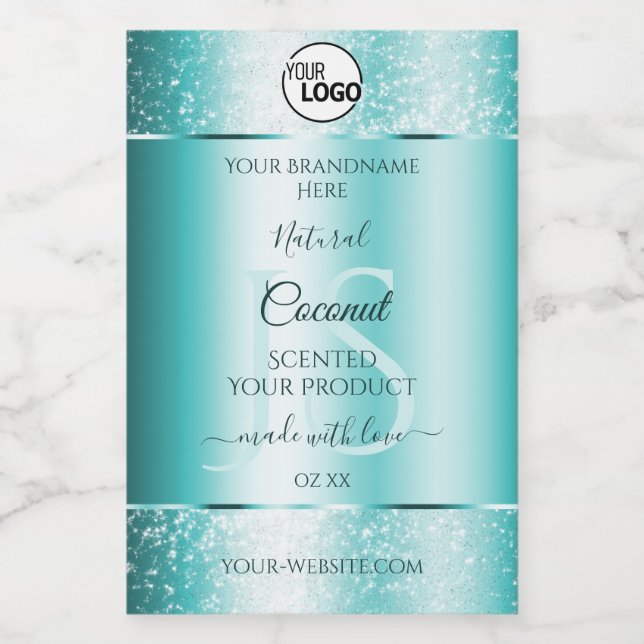 Elegant Teal Glitter Product Labels Monogram Logo (Single Label)
