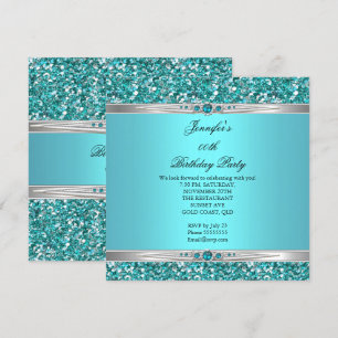 Elegant Teal Glitter Silver Diamond Pearl Birthday Invitation