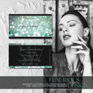 Elegant Teal Glitter Sparkle Stars Initials Black Business Card