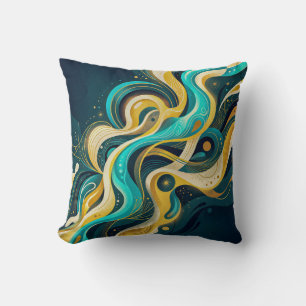 Elegant Teal Gold Abstract Flow Art Throw Pillow