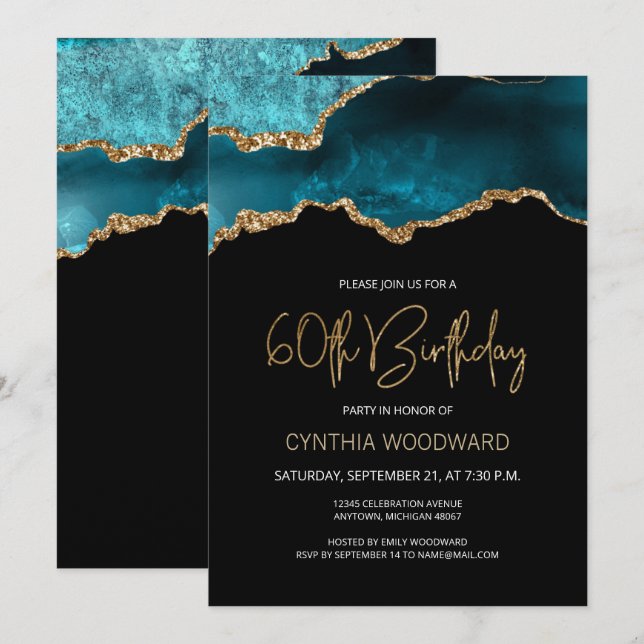 Elegant Teal Gold Agate 60th Birthday Party Invitation (Front/Back)