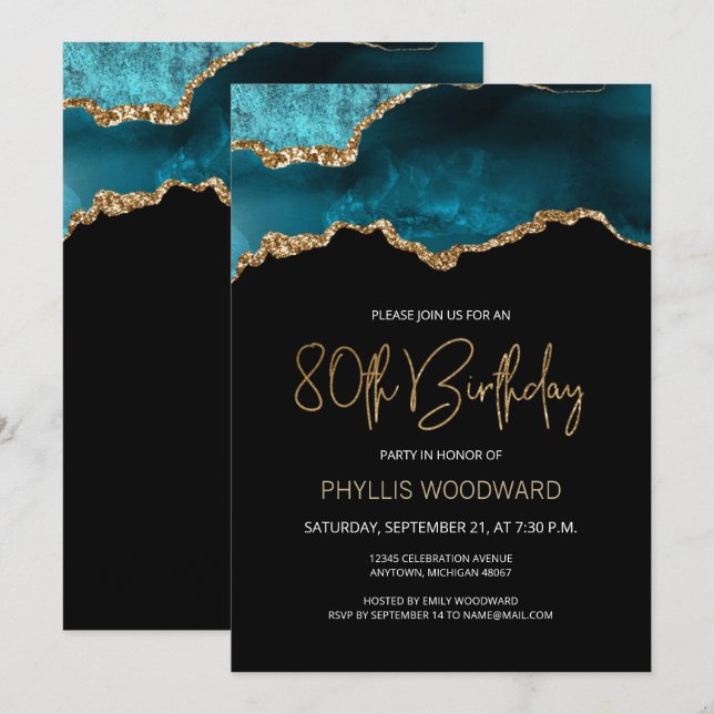Elegant Teal Gold Agate 80th Birthday Invitation (Front/Back)