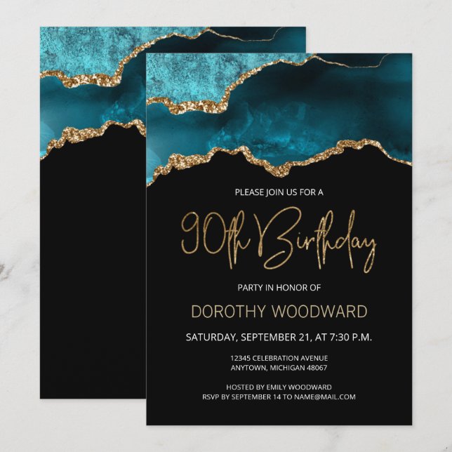 Elegant Teal Gold Agate 90th Birthday Invitation (Front/Back)