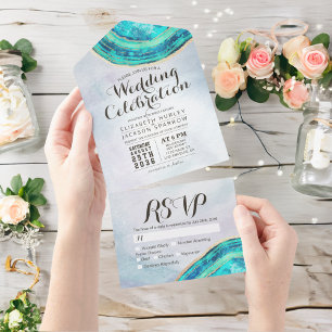 Elegant Teal & Gold Agate Geode Slice Wedding RSVP All In One Invitation