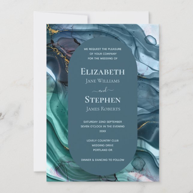 Elegant Teal & Gold Agate Wedding Invitation (Front)
