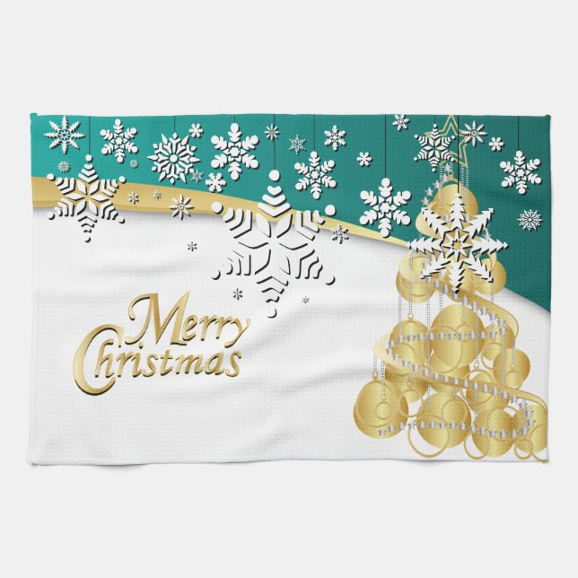 Elegant Teal, Gold and White Christmas Kitchen Towel (Horizontal)