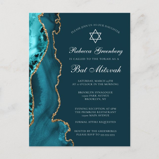 Elegant Teal Gold Bat Mitzvah Party Invitation Postcard (Front)