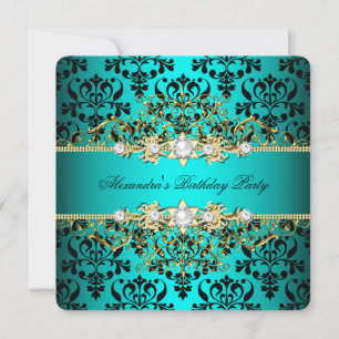 Elegant Teal Gold Black Damask Birthday Party Invitation