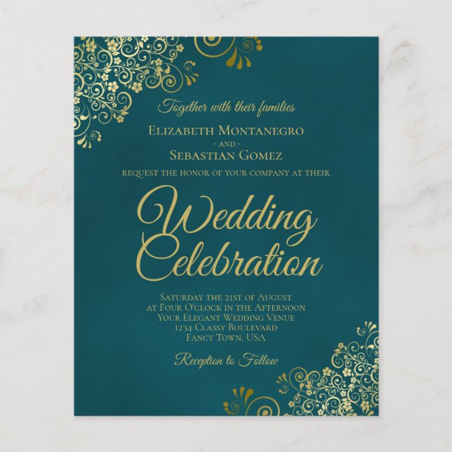 Elegant Teal & Gold BUDGET Wedding Invitation (Front)