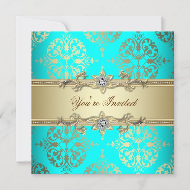 Elegant Teal Gold Damask Party Invitation (Front)