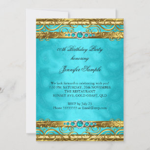 Elegant Teal Gold Damask Pearl Birthday Party Invitation