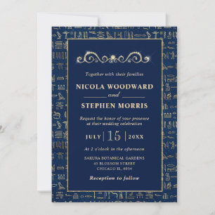 Elegant Teal & Gold Egyptian Hieroglyph Wedding Invitation