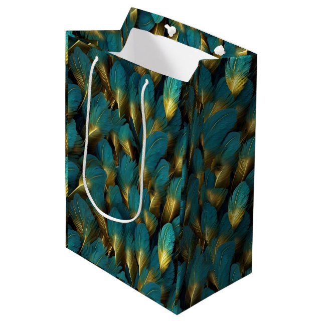 Elegant Teal Gold Feathers Medium Gift Bag (Front Angled)