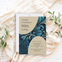 Elegant Teal Gold Floral 90th Birthday