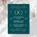 Elegant Teal & Gold Floral Line Art 90th Birthday  Invitation<br><div class="desc">Celebrate a remarkable milestone with this stunningly elegant 90th birthday invitation. Perfect for a sophisticated celebration, this design features a rich, deep teal background that exudes luxury. The card is beautifully framed with delicate, gold-coloured floral line art, including exquisite roses and orchids, creating a timeless and graceful border. The number...</div>