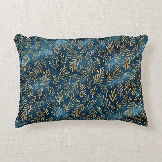 Elegant Teal Gold Floral Metallic Stylish Pretty Accent Pillow (Front)