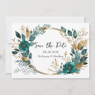 Elegant Teal Gold Floral Save the Date Cards