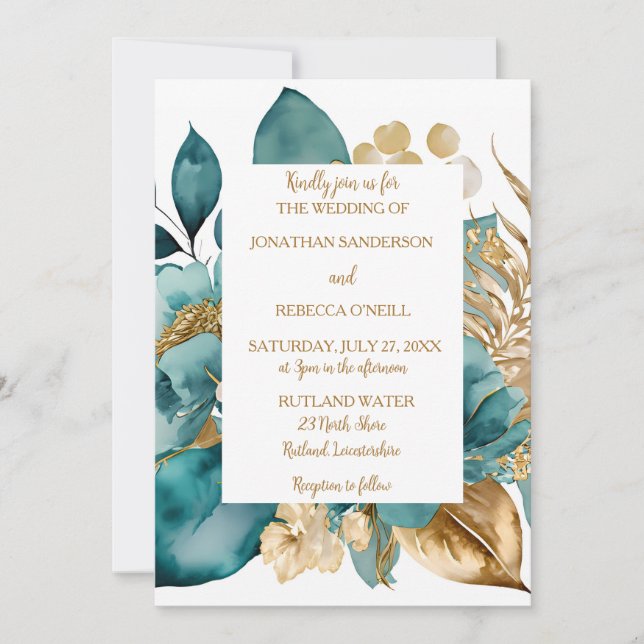 Elegant Teal & Gold Floral wedding Invitation (Front)